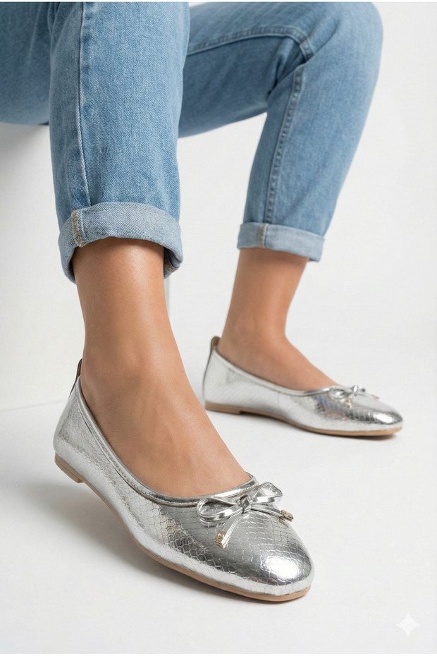 Silver Metallic Snake Textured Orthopedic Lightweight Sole Leather Soft Bow Stylish Women's Ballerinas