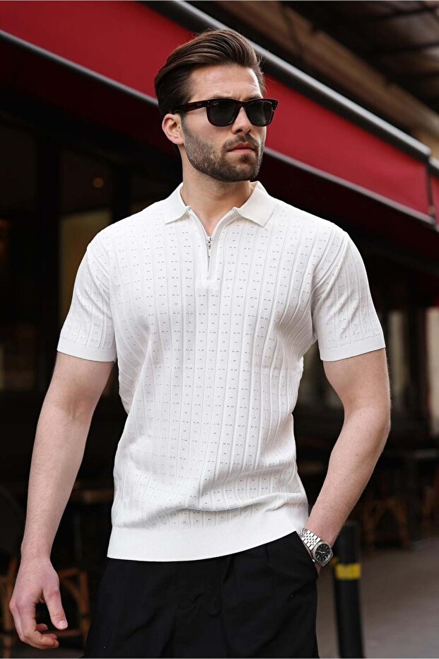 White Polo Collar Slim Fit Knitwear Men's T-Shirt E7465