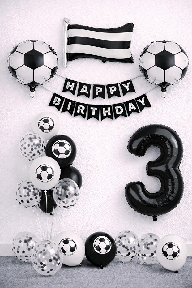 Black and White Football Themed 3Rd Birthday Balloon Set
