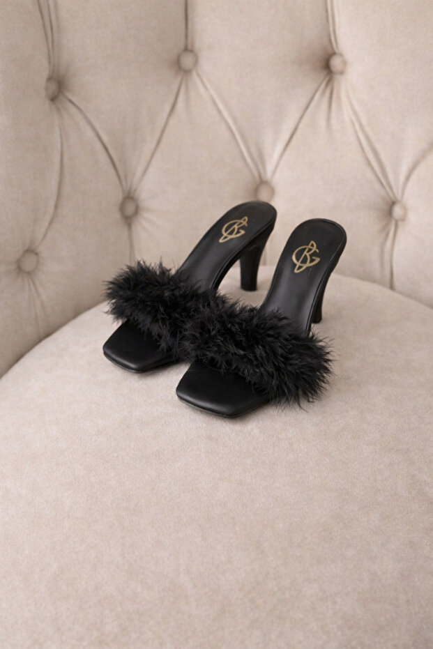 Black Feathered Mini-Heel Bridal Dowry Engagement Slippers