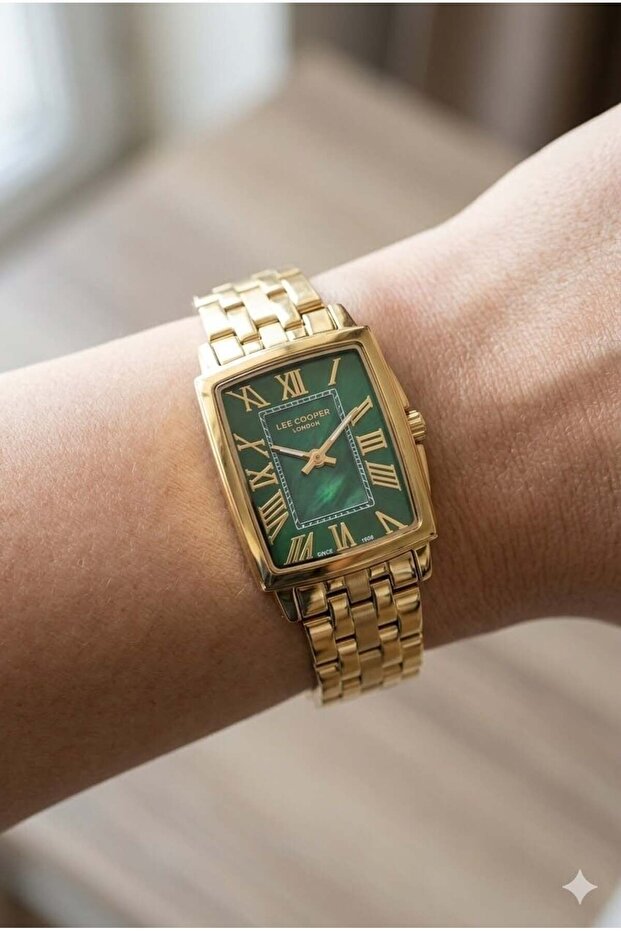 Rectangular Case Women's Wristwatch | 22mm Steel Case, Gold Steel Band, Green Dial