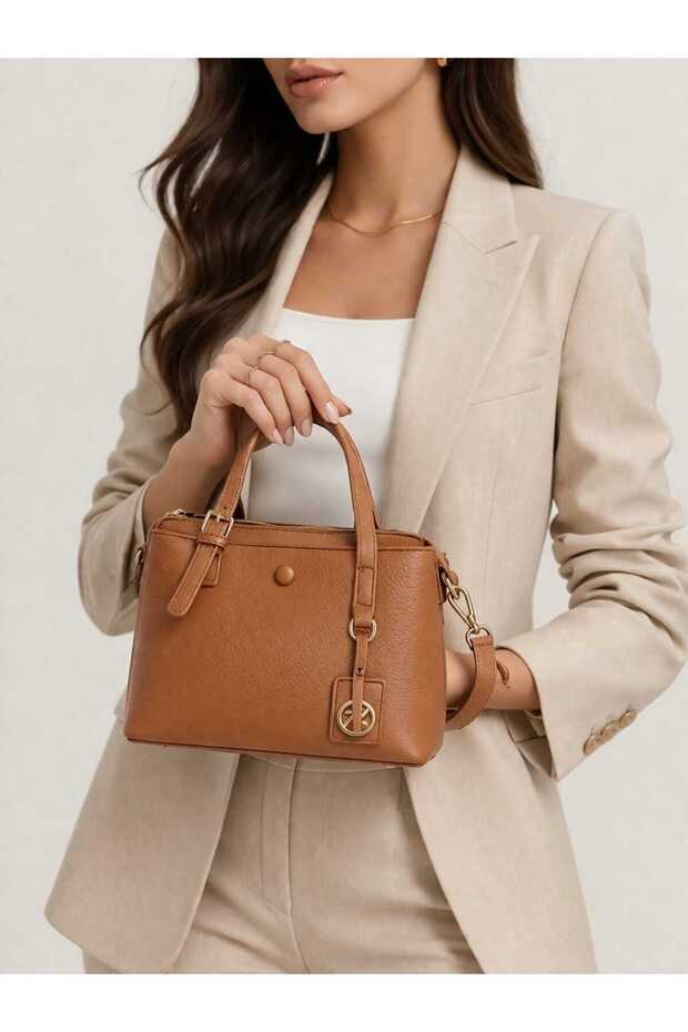 Elegant Tan Faux Leather Top Handle Handbag