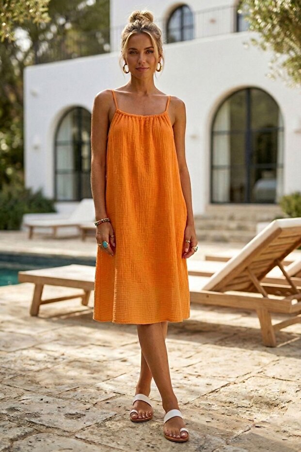 Orange Strappy Casual Muslin Woven Dress with Hidden Pockets and Adjustable Straps 105 55