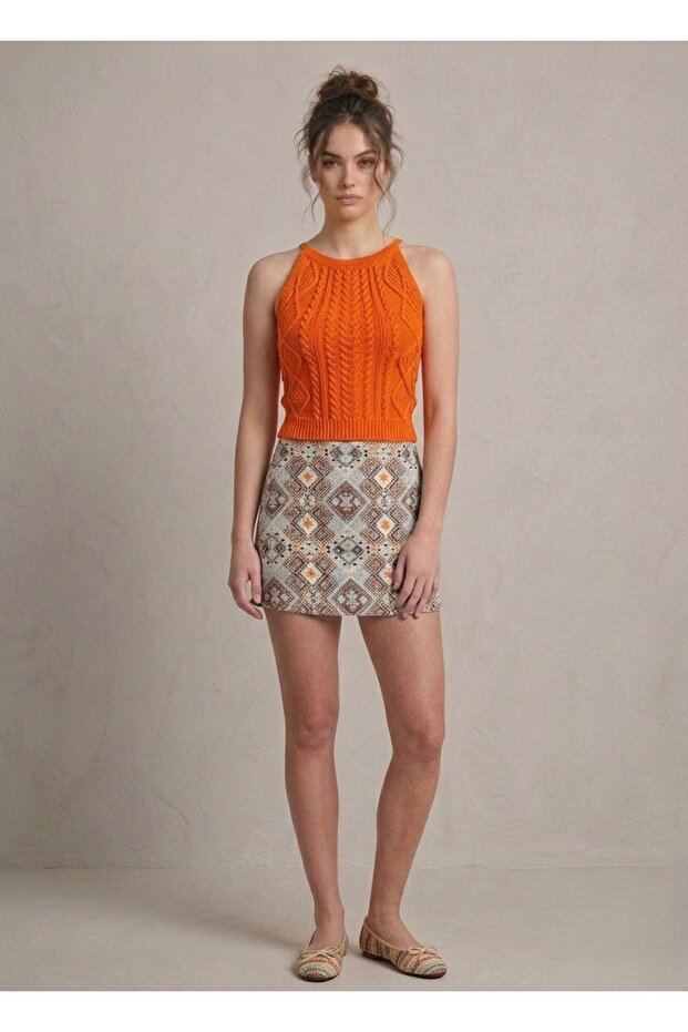 Kadın Triko Örme Halter Yaka Crop Bluz - 2