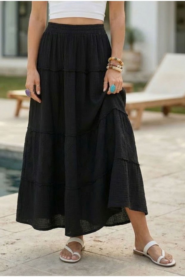 Black Skirt with Ruffles and Scalloped Layers Casual Muslin Standard Woven Skirt 94 65