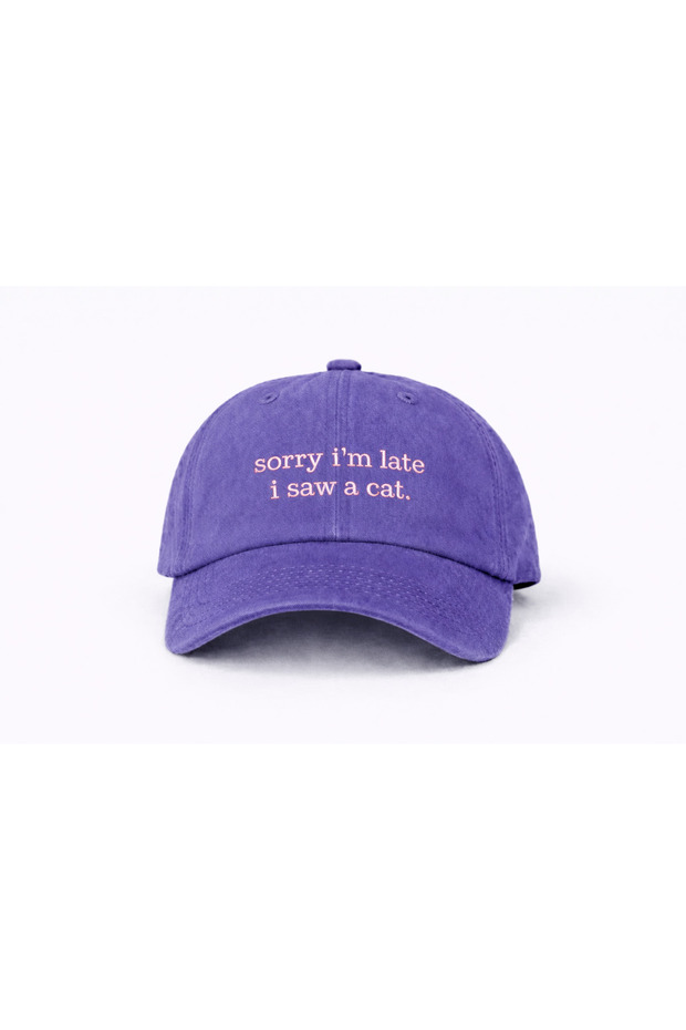 ''Sorry I'M Late I Saw a Cat'' Embroidered Washed Cap / Cat Embroidered Washed Cap