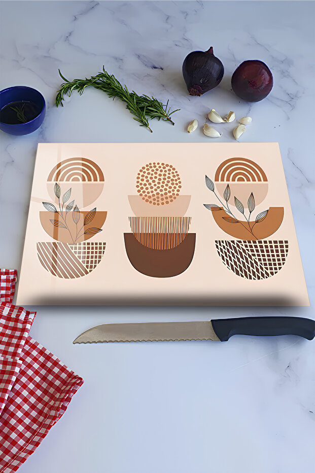 Minimal Geometric Plant Pattern Tempered Glass Cutting Board 30X40 cm Size Uv Printing - Bckt079