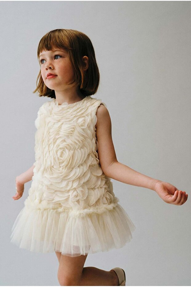 Girls' Cotton Ecru Rose Textured Tulle Dress