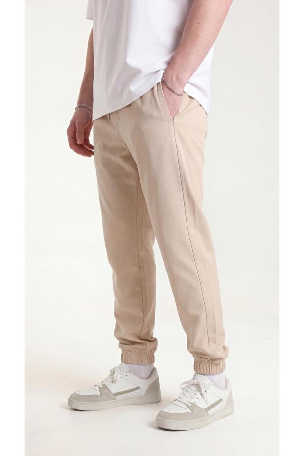 Men's Beige Parachute Fabric Thin Summer Sweatpants with 3 Pockets and Zippered Elastic Cuffs