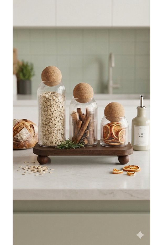 Set of 3 Glass Jars with Ball Cork Lids and Wooden Stand Spice Jar Set