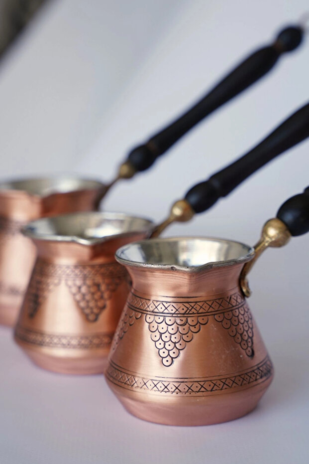 Gaziantep Hand-Embroidered Patterned Copper Coffee Pot Antique Copper Color Copper 3-Piece Coffee Pot Set