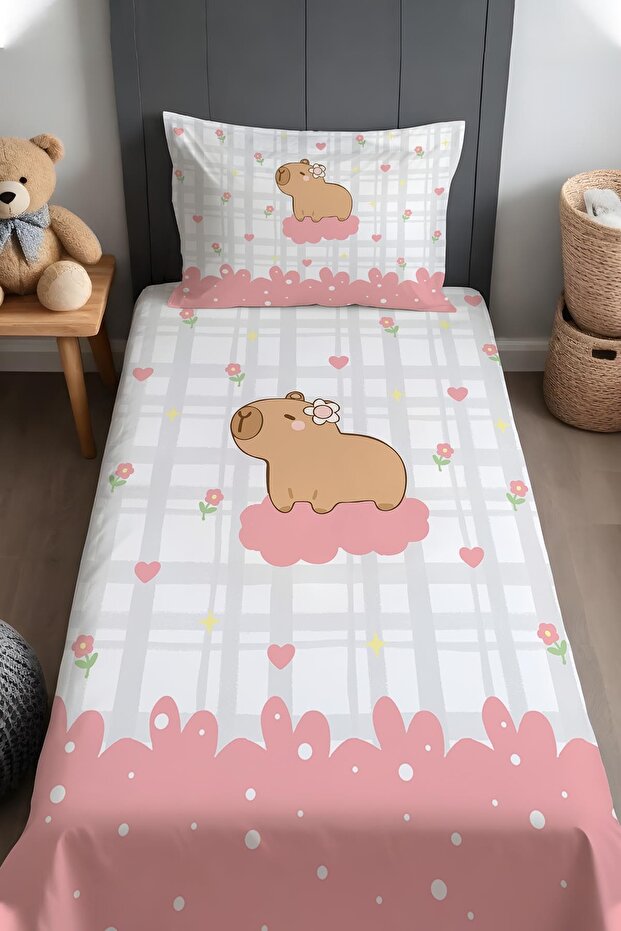 Pink Dreams Capybara Patterned Bedspread and Pillowcase