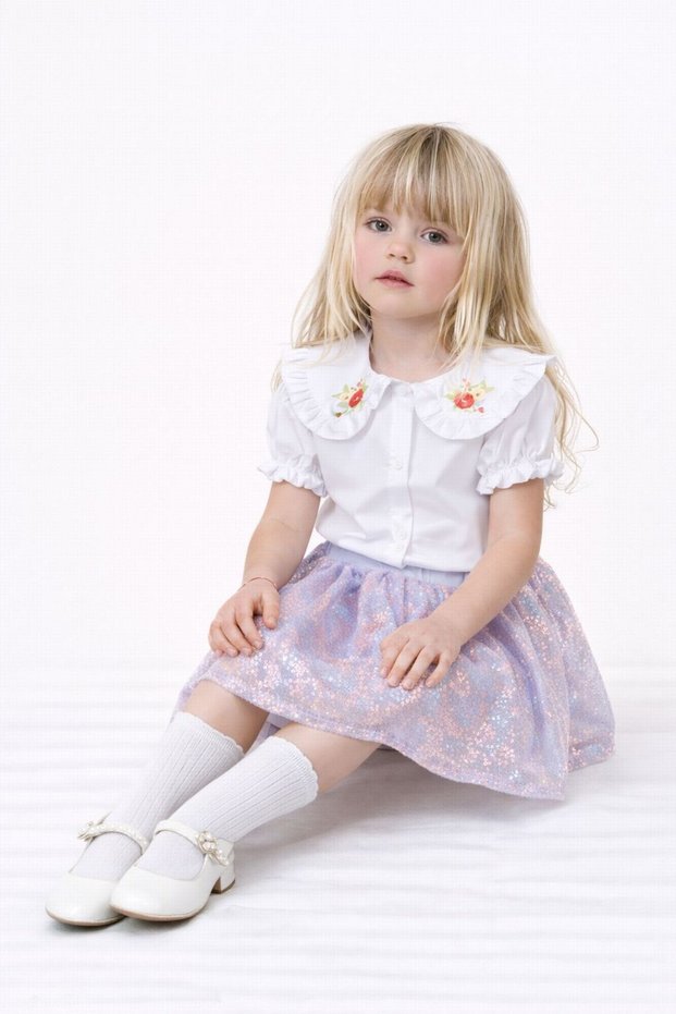 Girl's Inner Lined Glittery Sequined Skirt Embroidered Doll Collar Shirt Set