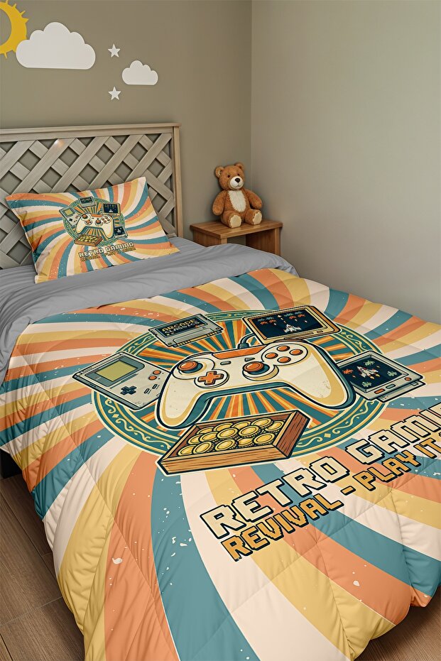 Retro Game World Patterned Single Duvet and Pillowcase