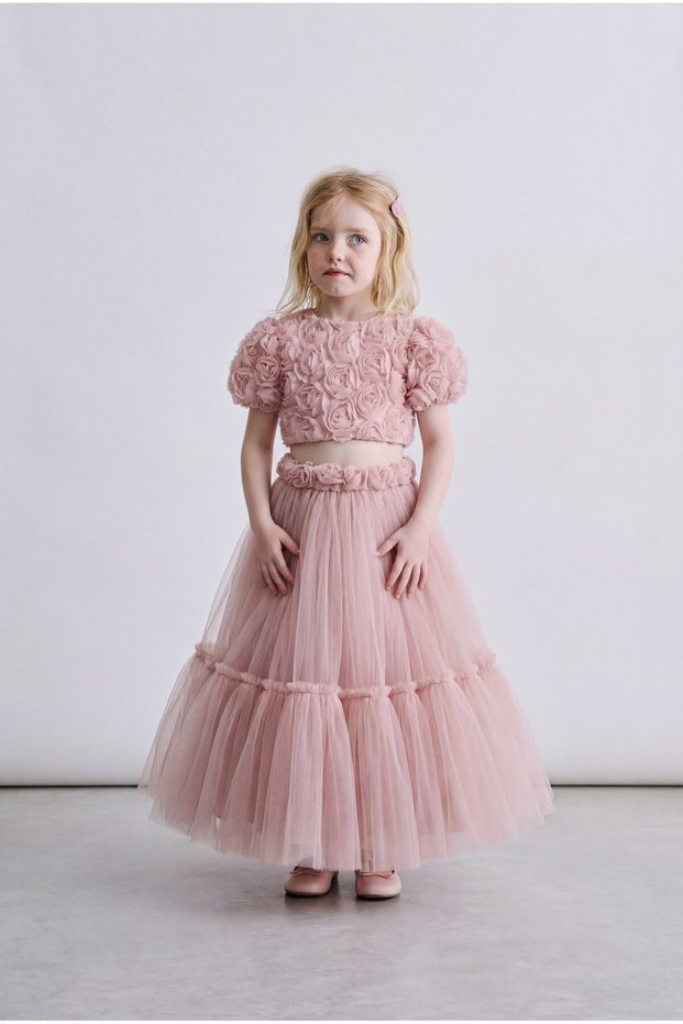 Girl's Cotton Powder Rose Appliqué Blouse Skirt Set