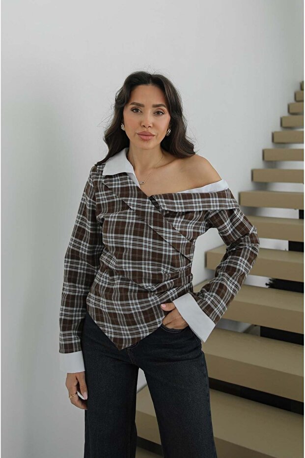 Brown Shirt Detailed Asymmetrical Plaid Blouse