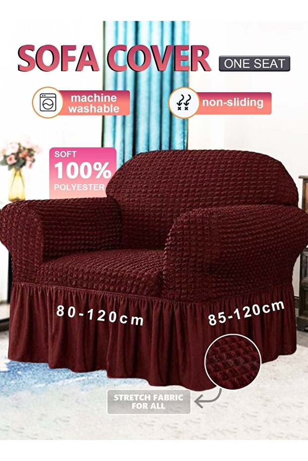 Elastic Sofa Cover with Skirt,Stretch Jacquard Fabric Furniture Protector for One Seater Sofa,Red