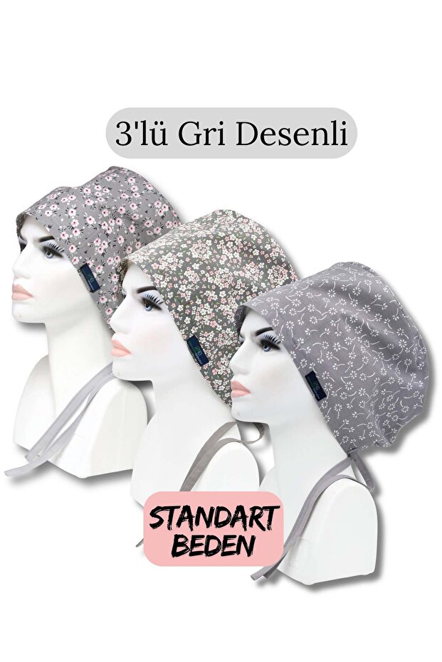Standard Size 3-Piece Gray Patterned Gray Flower Garden Gray Crinkle Gray Nazlı Flowers Surgical Cap