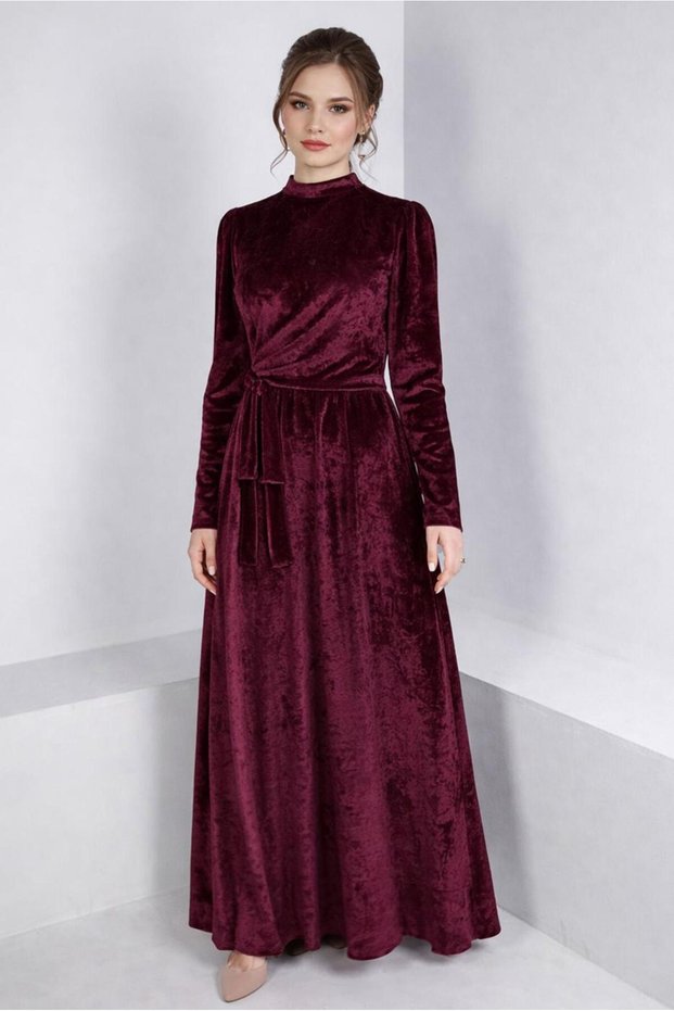 SIDE BINDING DETAILED VELVET EVENING DRESS 50281