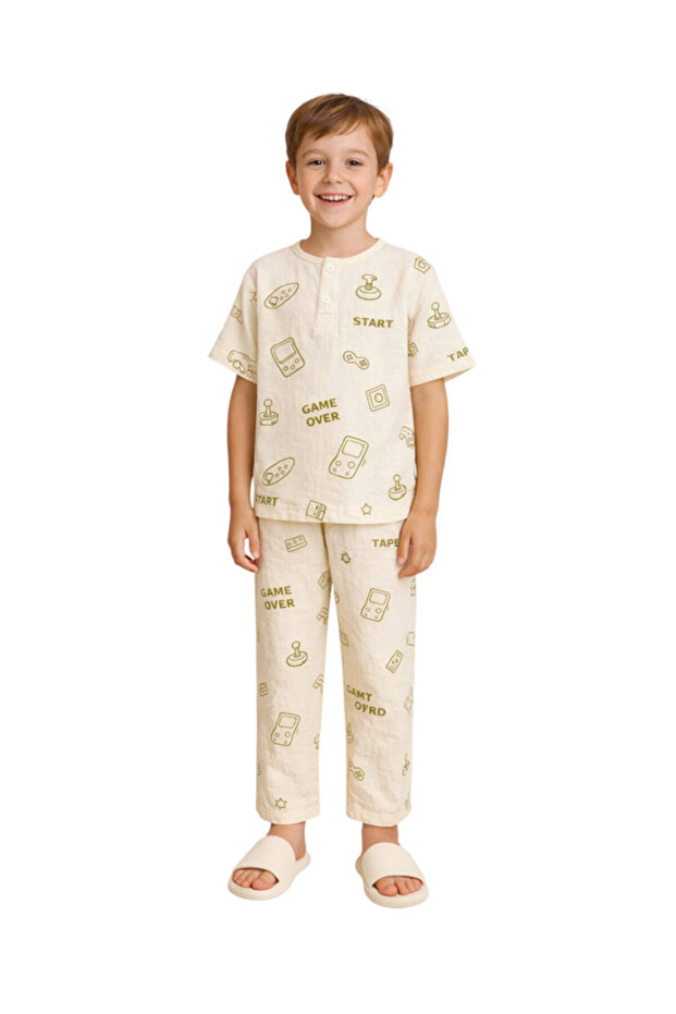 Boys 100% Cotton Muslin Pyjama Set with Geometric Print