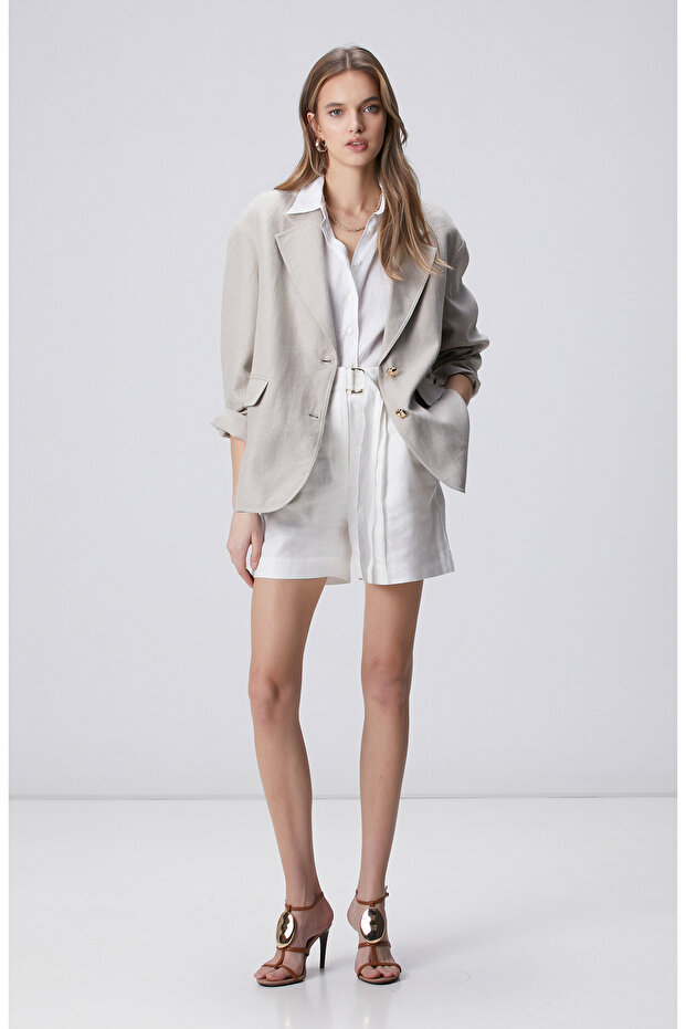 Kırık Beyaz Keten Şort - 1