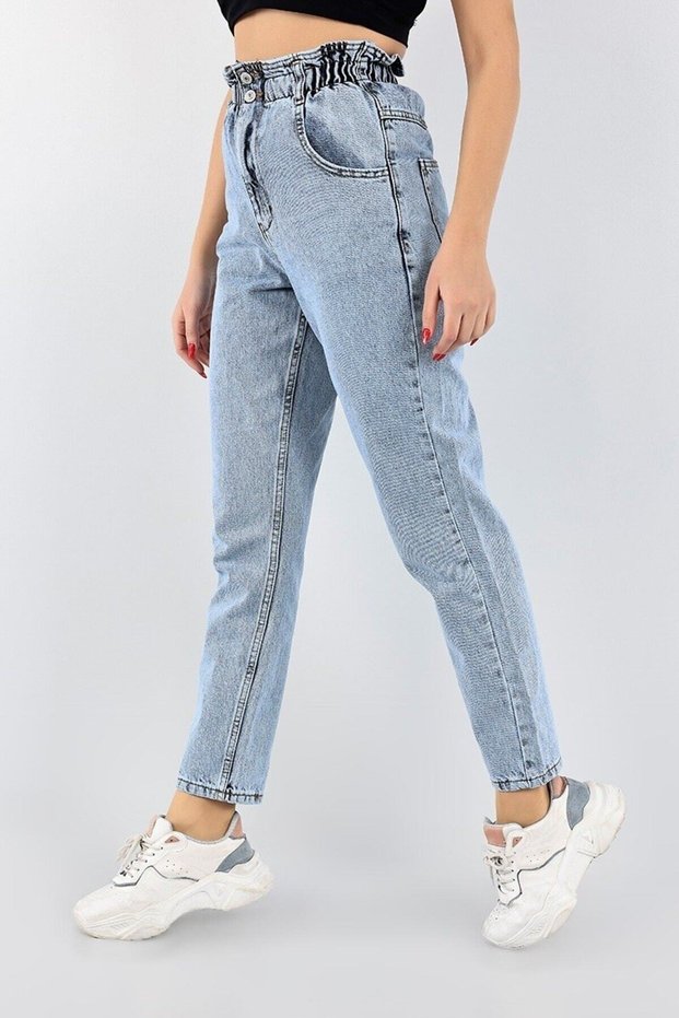 By-3773 Women's Snow Wash High Waist Elastic Waist Momfrango Navy Blue Spanish Flare Jeans