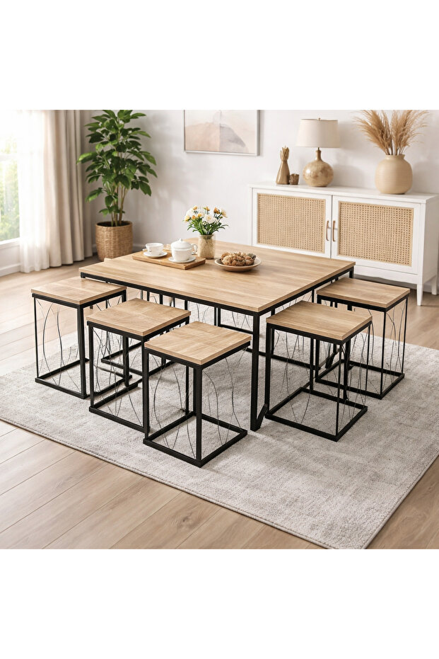 طقم طاولات خدمة عائلية مودرن تصميم أنيق بسطح خشبي وقاعدة حديد متينة (قطعة رئيسية + 6 طاولات جانبية)