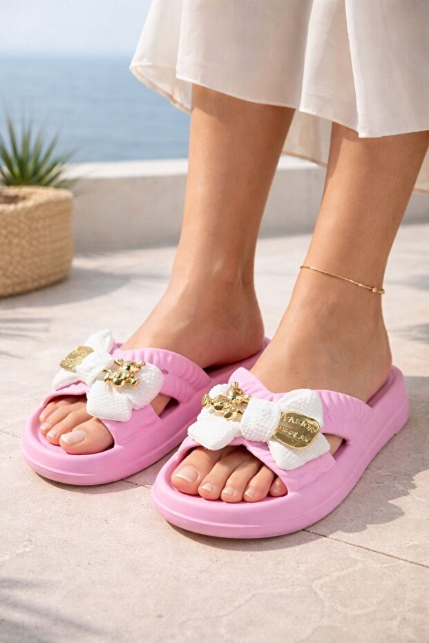 Women's Bow Detailed Teddy Bear Beach Slippers - Light Sole, Non-Slip, Daily Summer Beach Pool Slippers, Comfortable