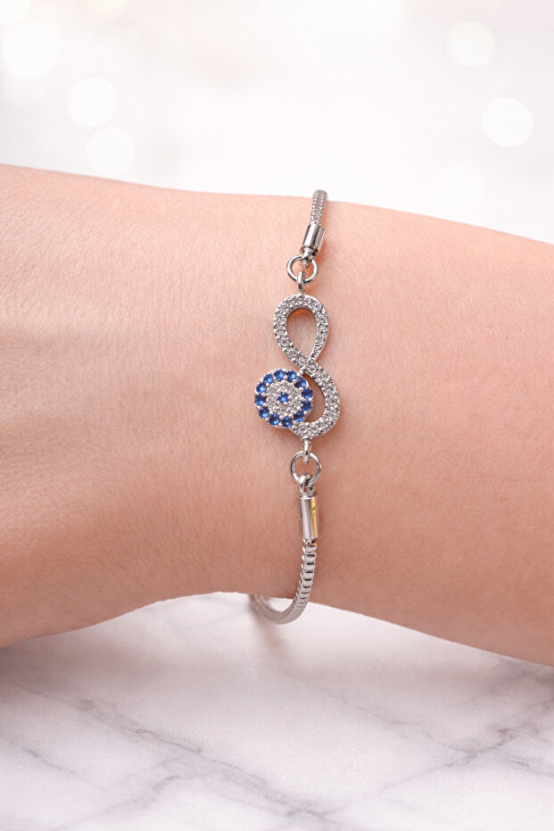 Adjustable Infinity Figured Evil Eye Beaded Zircon Stone Brass Bracelet – Elegant Women's Bracelet
