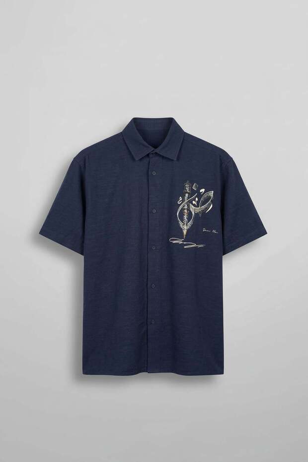 Men's Oversize Embroidery Detailed Cotton Short Sleeve Shirt Navy Blue