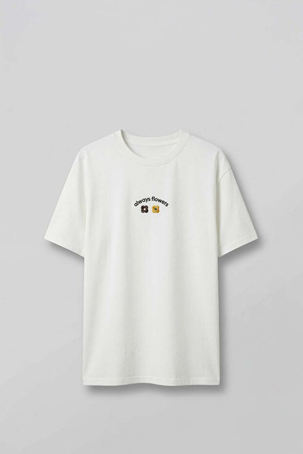 Men's Oversize Minimal Floral Embroidered T-Shirt White