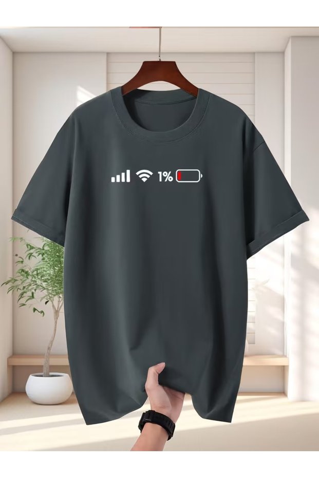 Men's Battery Icon Printed Oversize T-Shirt Loose Fit