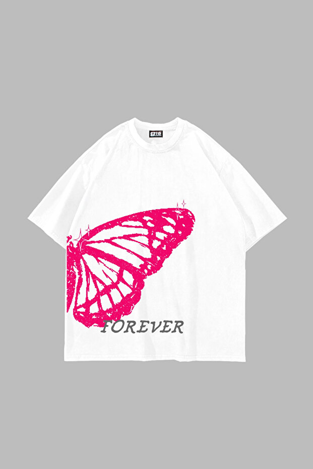 Forever Butterfly Printed Oversized Unisex White Tshirt