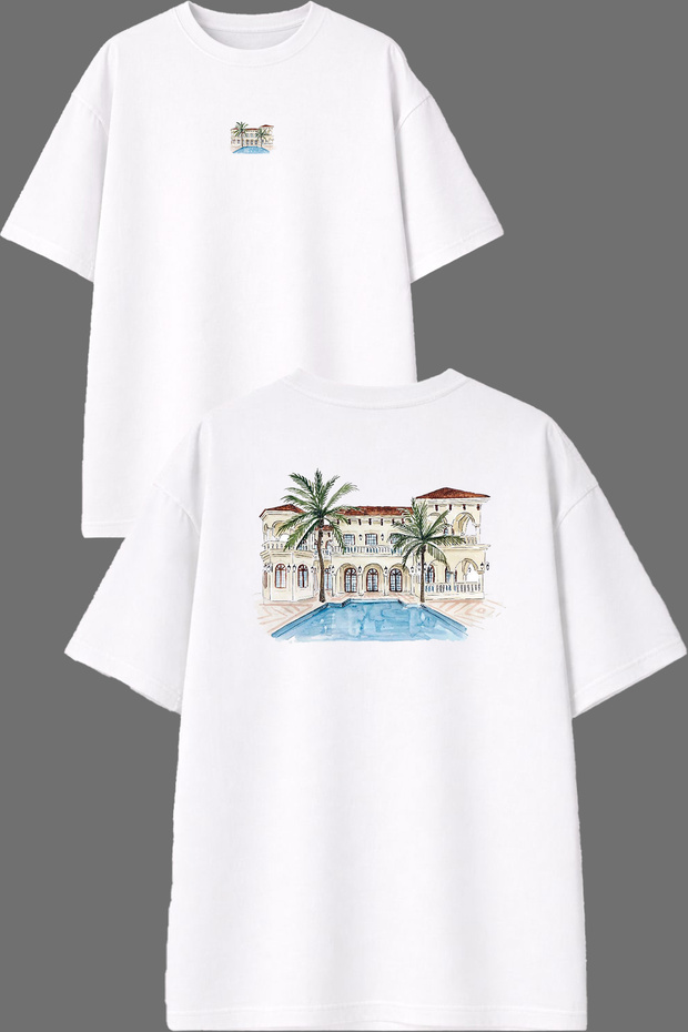 Pool Mansion Design Front and Back Printed White Oversize T-Shirt