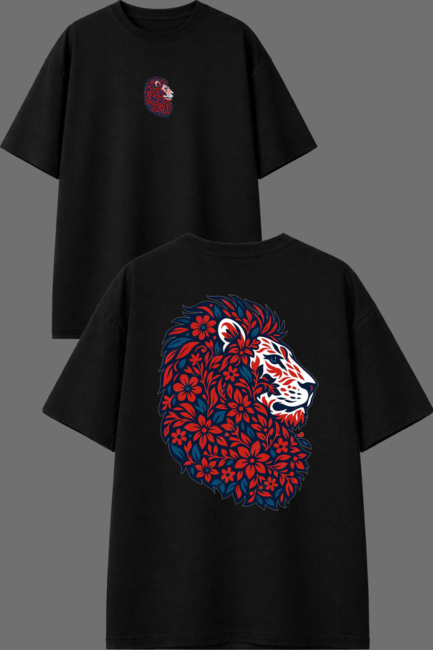Lioness Design Front and Back Printed Black Oversize T-Shirt
