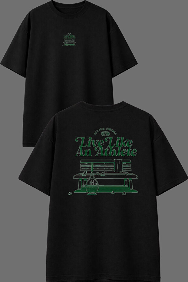 Tennis Design Front and Back Printed Black Oversize T-Shirt