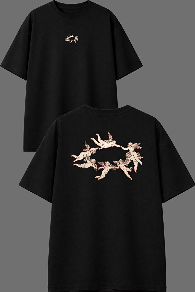 Angels Design Front and Back Printed Black Oversize T-Shirt