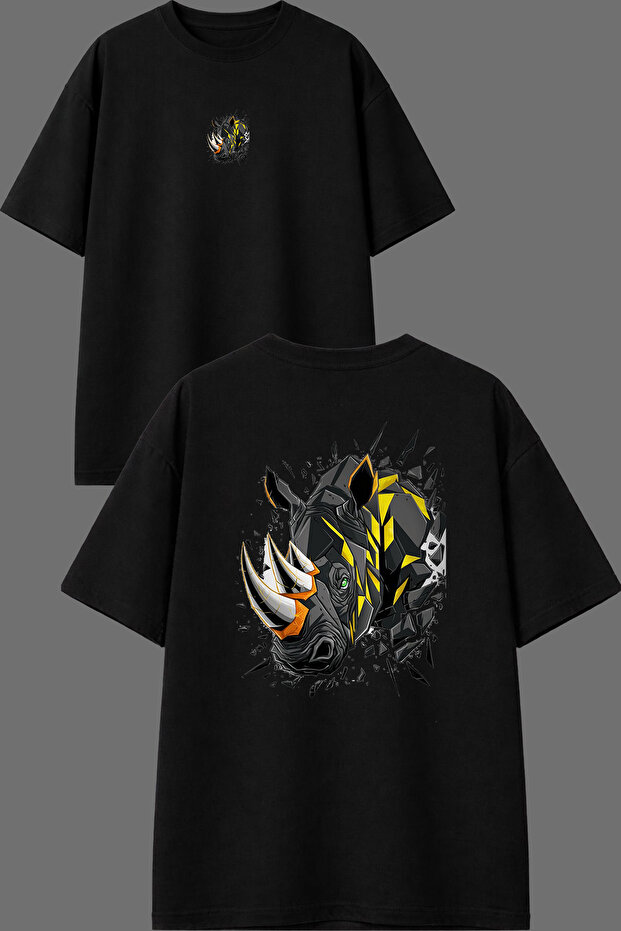 Stone Rhino Design Front and Back Printed Black Oversize T-Shirt