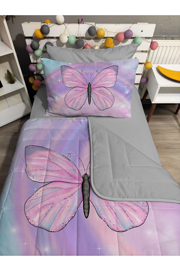 Quilted Butterfly 4-Piece Set (100% Cotton 100X200 with Elastic Sheets) Single Bedspread Set
