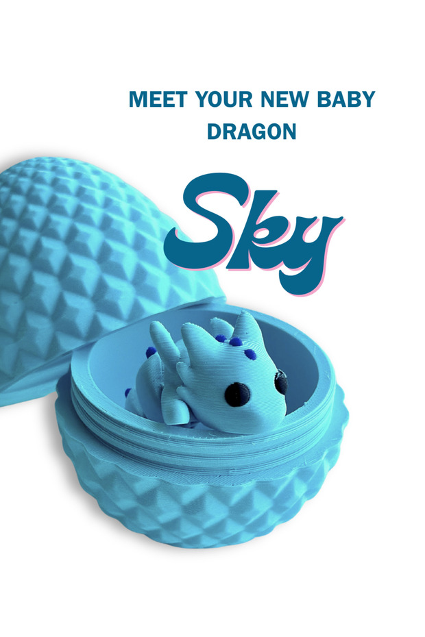 3D Printed Dragon Egg Toy – Twist Open Surprise Egg with Baby Dragon Inside (Sky - Blue)