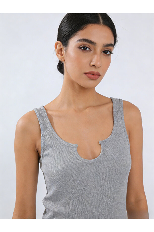 Grey Solid Notch Neck Tank Top - 1