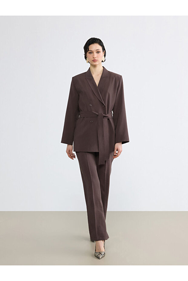 Brown Regular Fit Pleated Women's Fabric Trousers