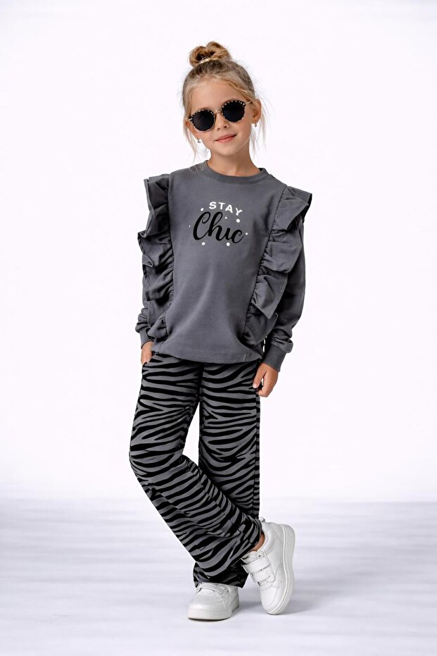 Girl's "Stay Chic" Ruffle Sweatshirt and Zebra Pattern Pants Set 50041g