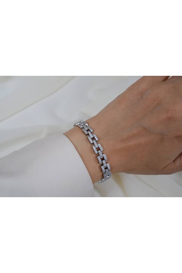 Blk264 H-Shaped Zircon Stone Silver Bracelet (17 cm + 2 cm Extension)