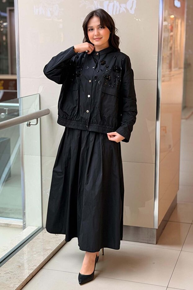 Stone Sequin Embroidered Snap Fastener Jacket Skirt Set