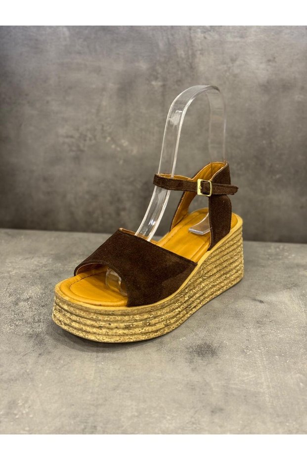 Handmade Genuine Leather Wooden Sole Looking Lightweight Casual Wedge Heel Sandals (Heel Height 7cm)