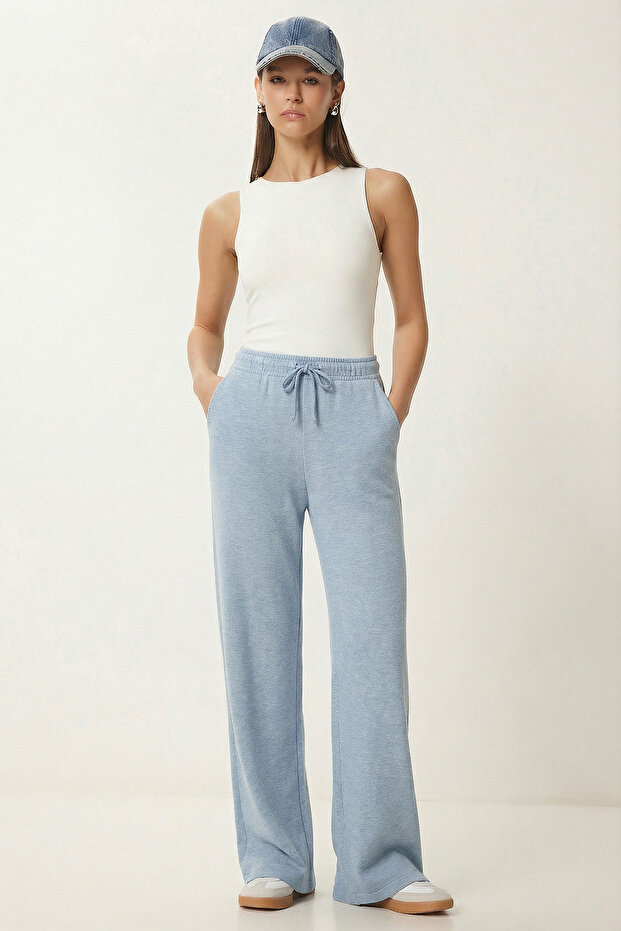Wide Leg Knitted Sweatpants with Pockets Lub0241 Sky Blue