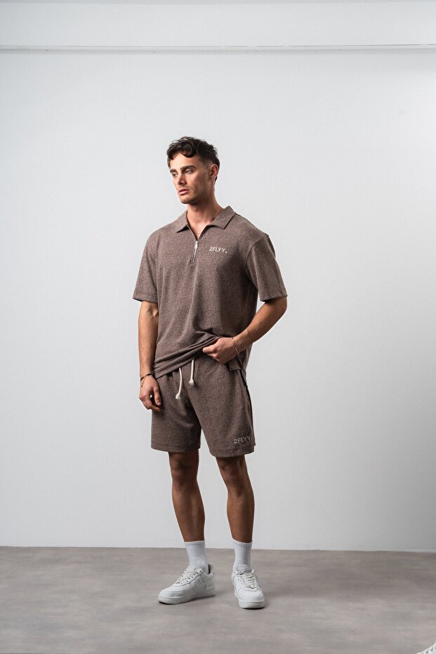 Men's 2Flyy Written Half Zipper Regular Fit T-Shirt Shorts Set Coffee