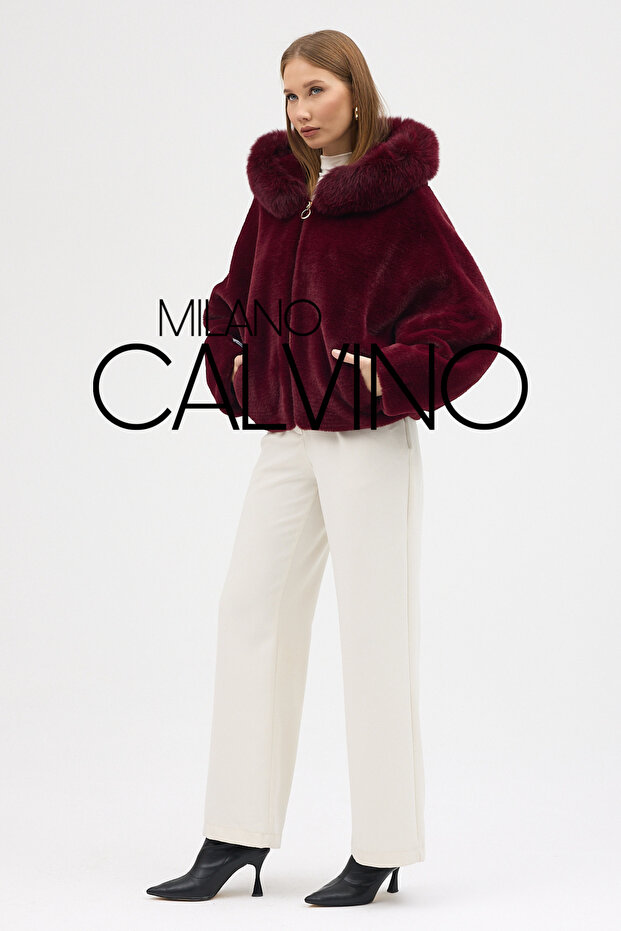 Fur Hooded Coat Burgundy