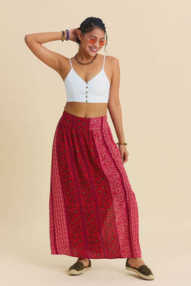 Floral Patterned Back Elastic Waist Deep Slit Skirt